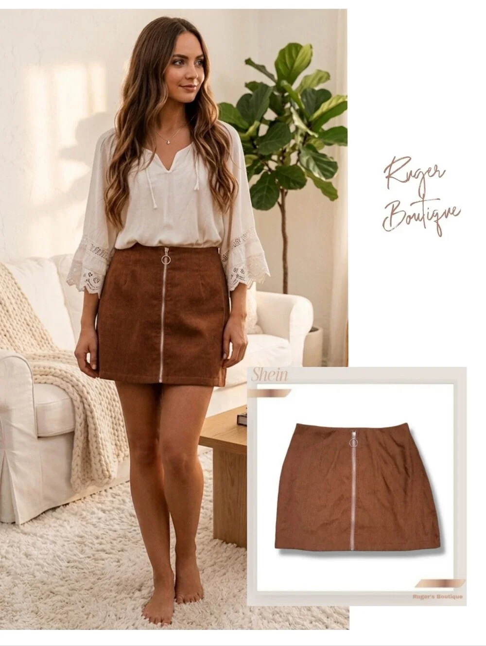 🌿Shein Women's Medium O Ring Zipper Brown Corduroy Mini Skirt-Adorable!